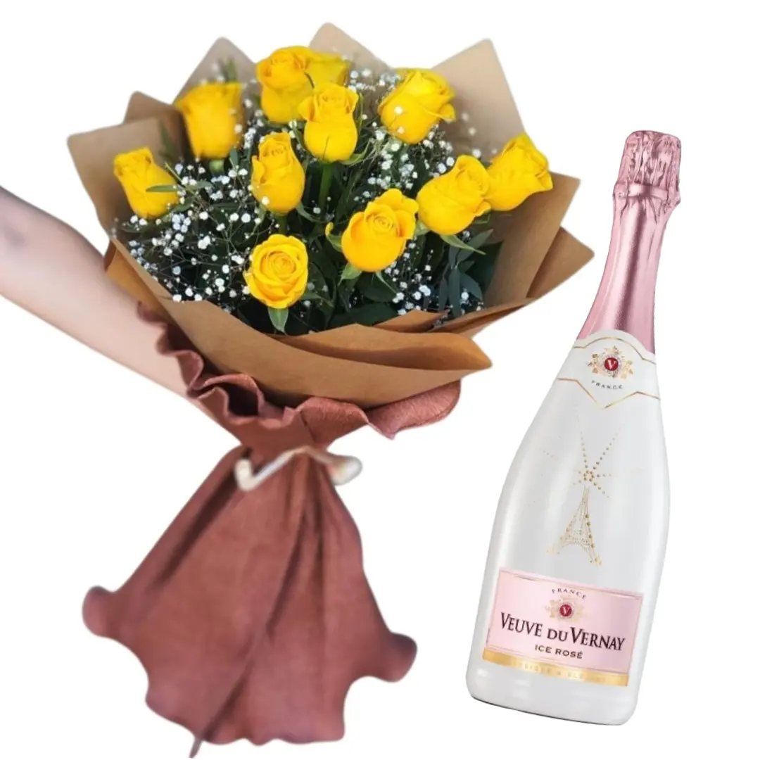 Ramo de rosas amarillas importadas con espumante frances